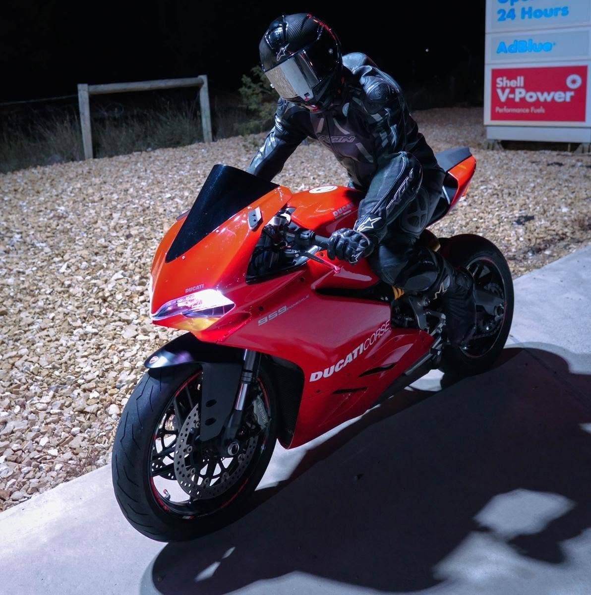 Ducati 999 sportbike lit at night